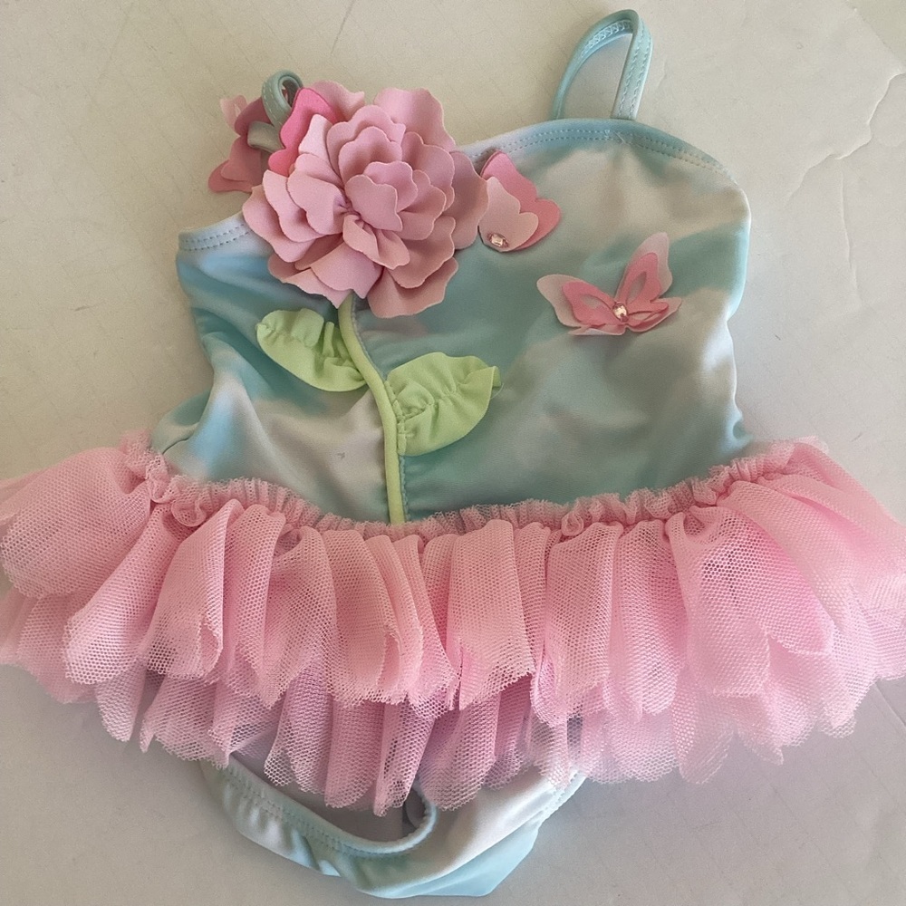 Kate Mack Girls Swimsuit Size 6M Skirted Butterfly Sky Tulle Pink Blue Appliqué